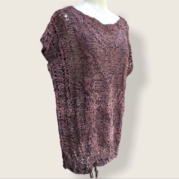 Vintage Boho Hand Knit Genuine Leather Cinch Hem Pullover Sleeveless Top - Picture 2 of 12